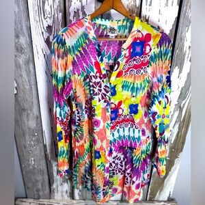 Ivy Jane Tunic Sheer Multi Color Roll Sleeve Button up V- neck Size Medium